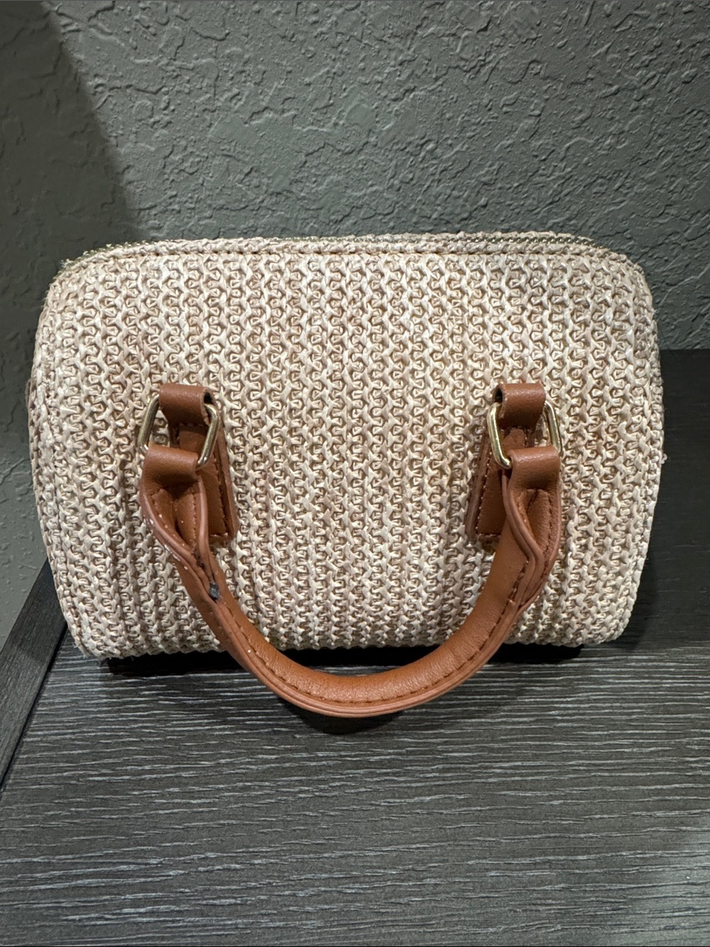 Woven Straw Tote Bag with Brown Leather Handles